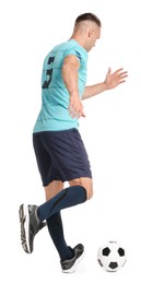 Photo of Man playing football with soccer ball on white background