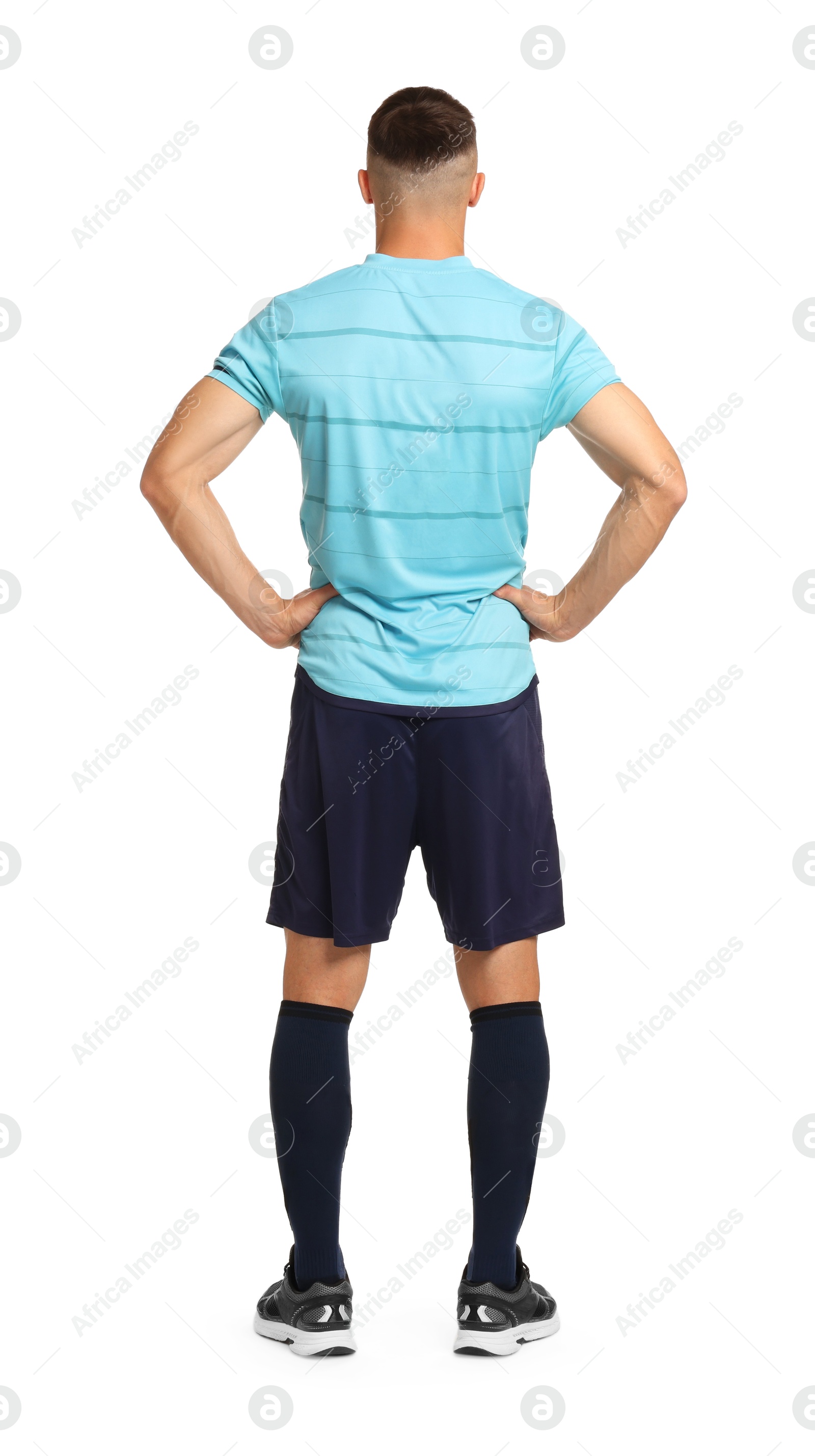 Photo of Football player on white background, back view