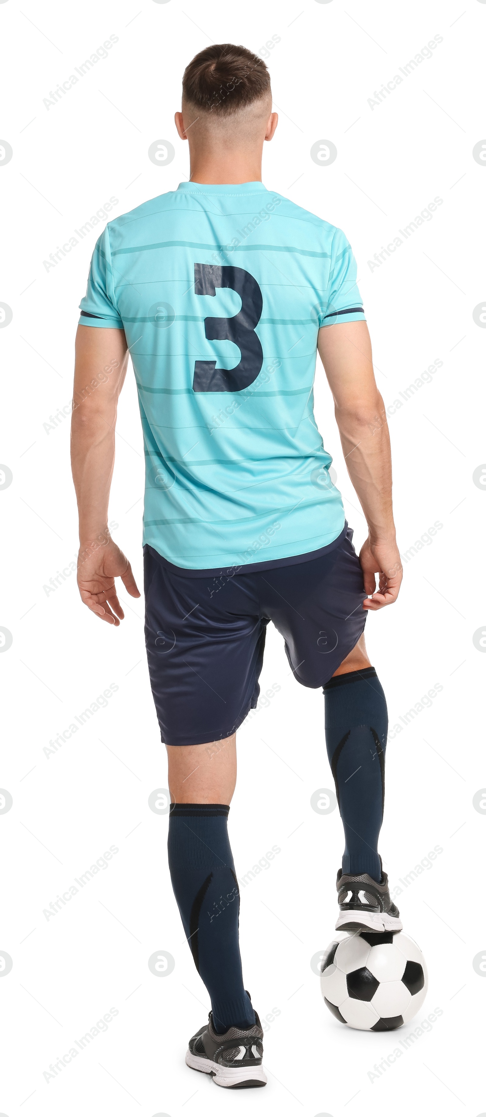 Photo of Football player with soccer ball on white background, back view