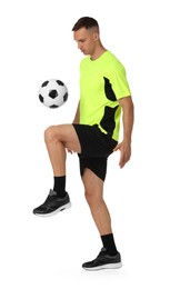 Photo of Man playing football with soccer ball on white background