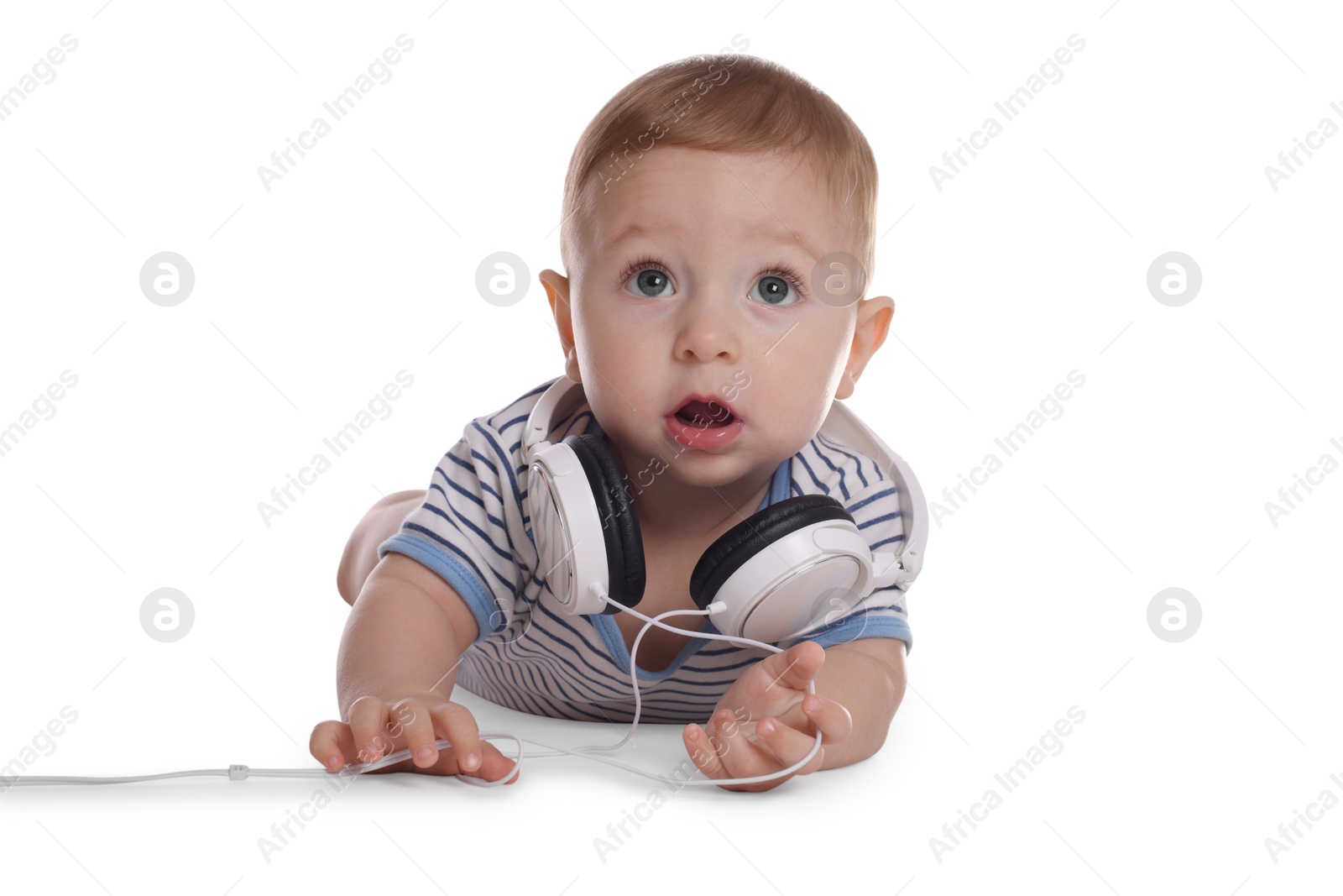 Photo of Cute little baby with headphones on white background