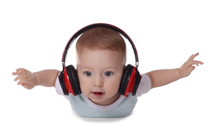 Cute little baby with headphones on white background