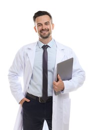 Smiling doctor with laptop on white background