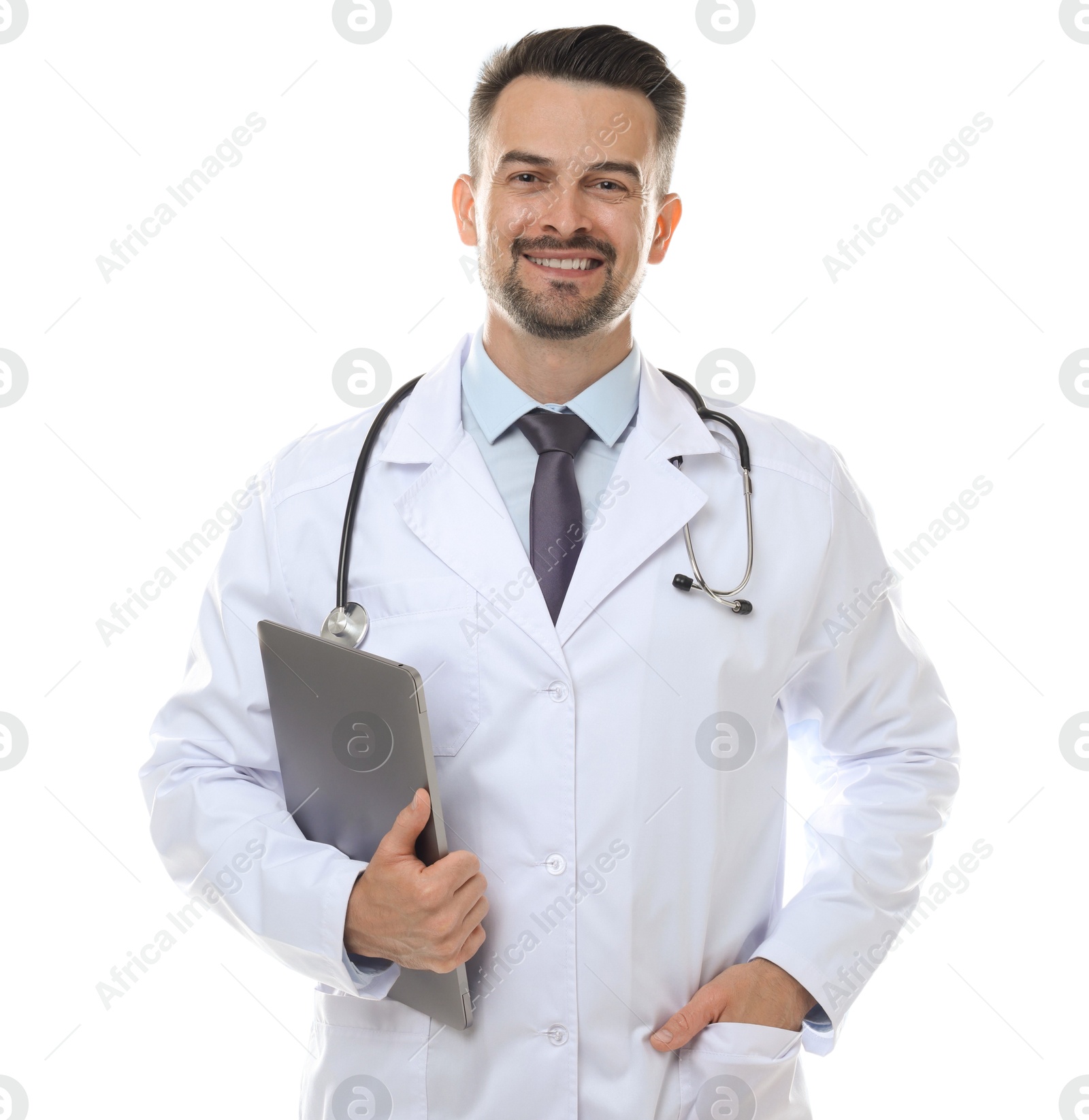 Photo of Smiling doctor with stethoscope and laptop isolated on white