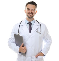 Smiling doctor with stethoscope and laptop isolated on white