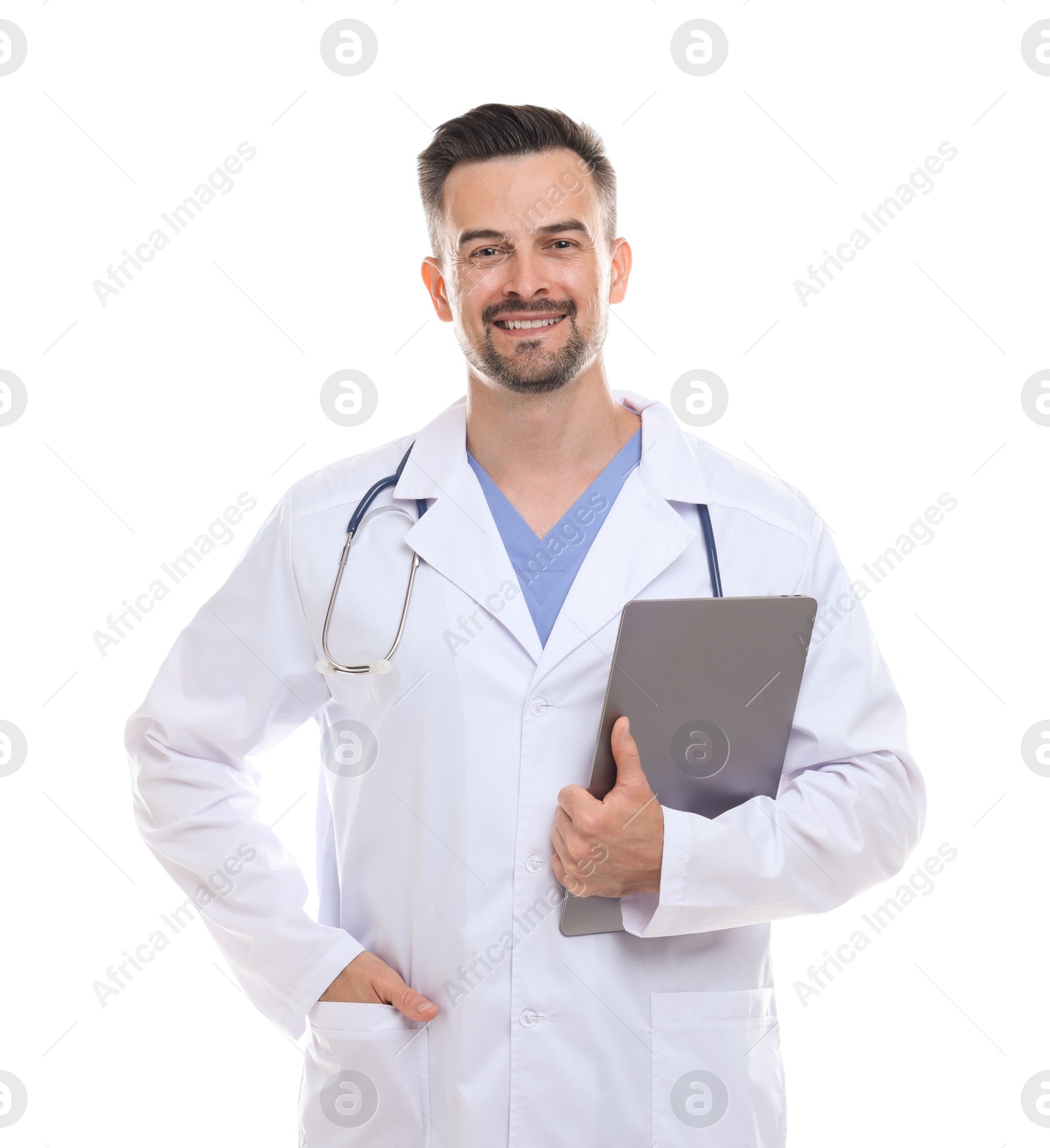 Photo of Smiling doctor with stethoscope and laptop isolated on white