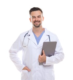 Smiling doctor with stethoscope and laptop isolated on white