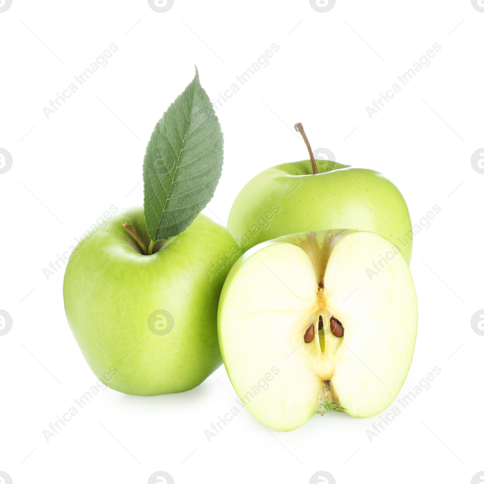 Photo of Whole and cut fresh apples isolated on white