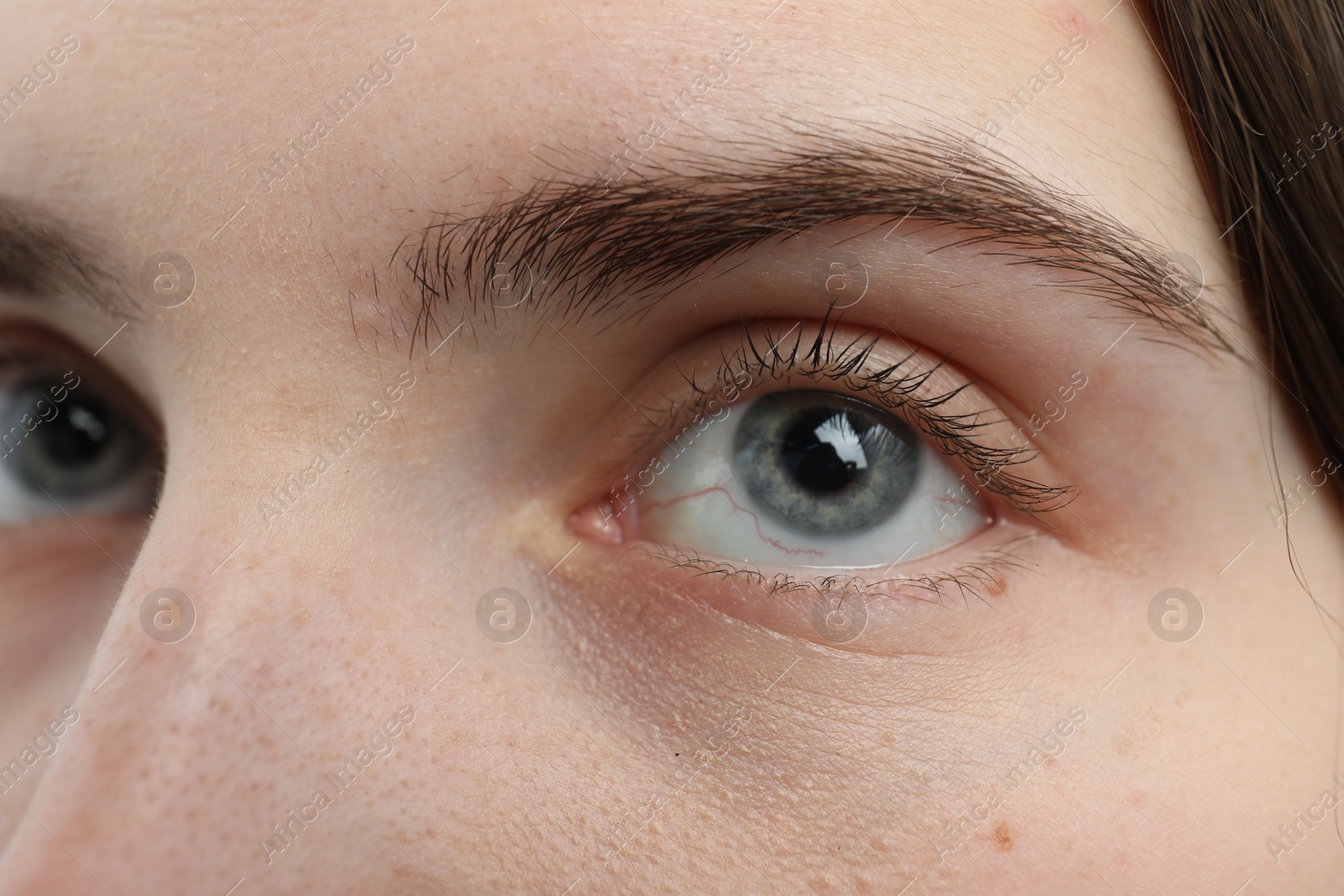 Photo of Closeup view of young woman with beautiful blue eyes