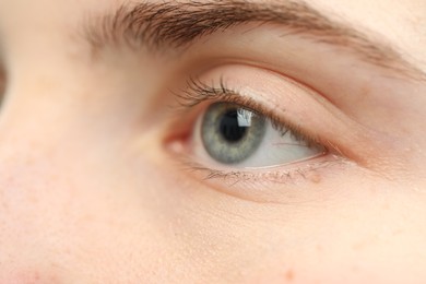 Macro view of young woman with beautiful blue eyes