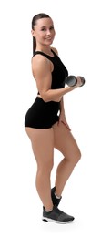 Photo of Woman exercising with dumbbell on white background