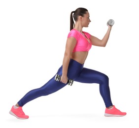 Photo of Woman exercising with dumbbells on white background