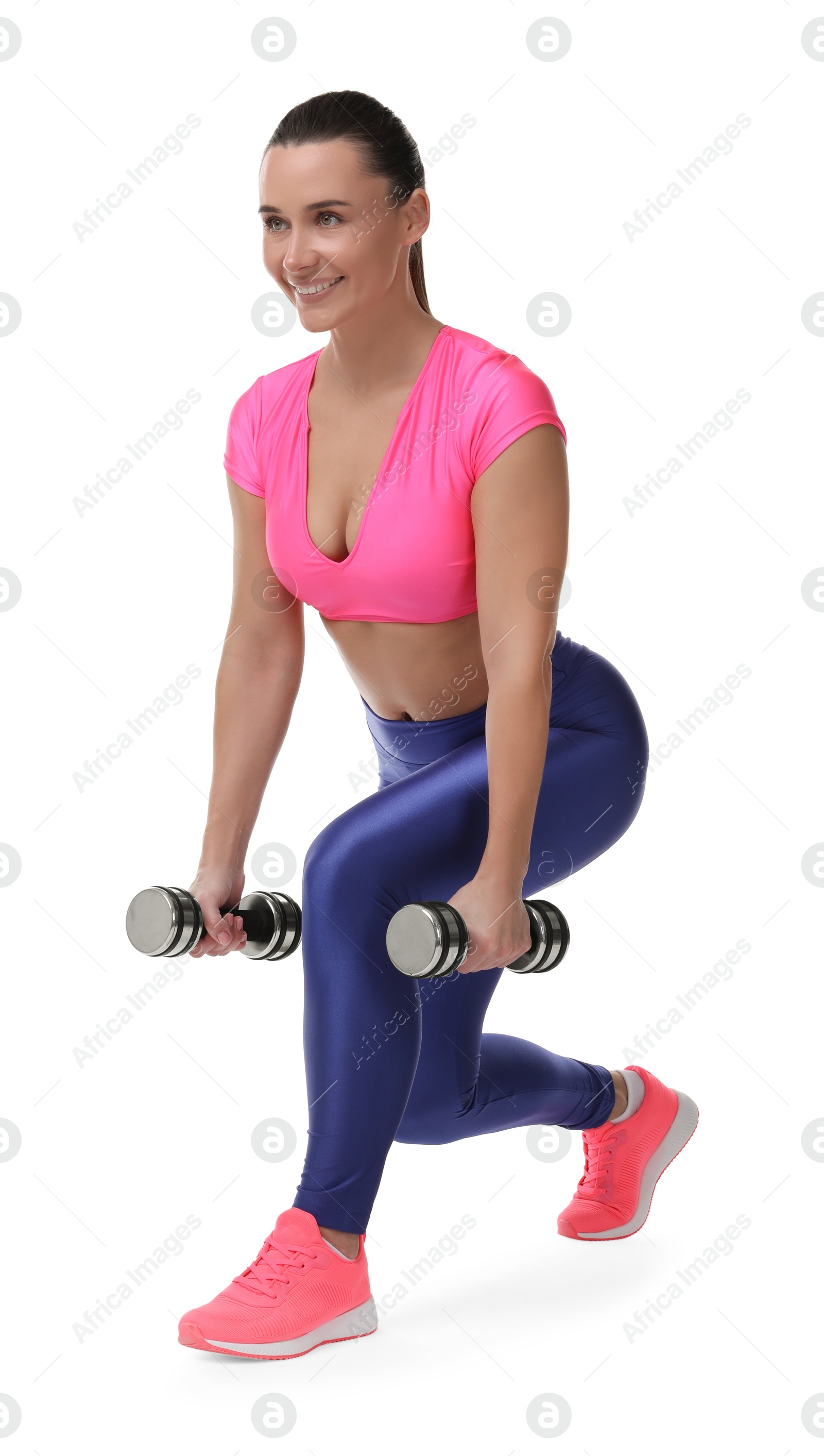 Photo of Woman exercising with dumbbells on white background