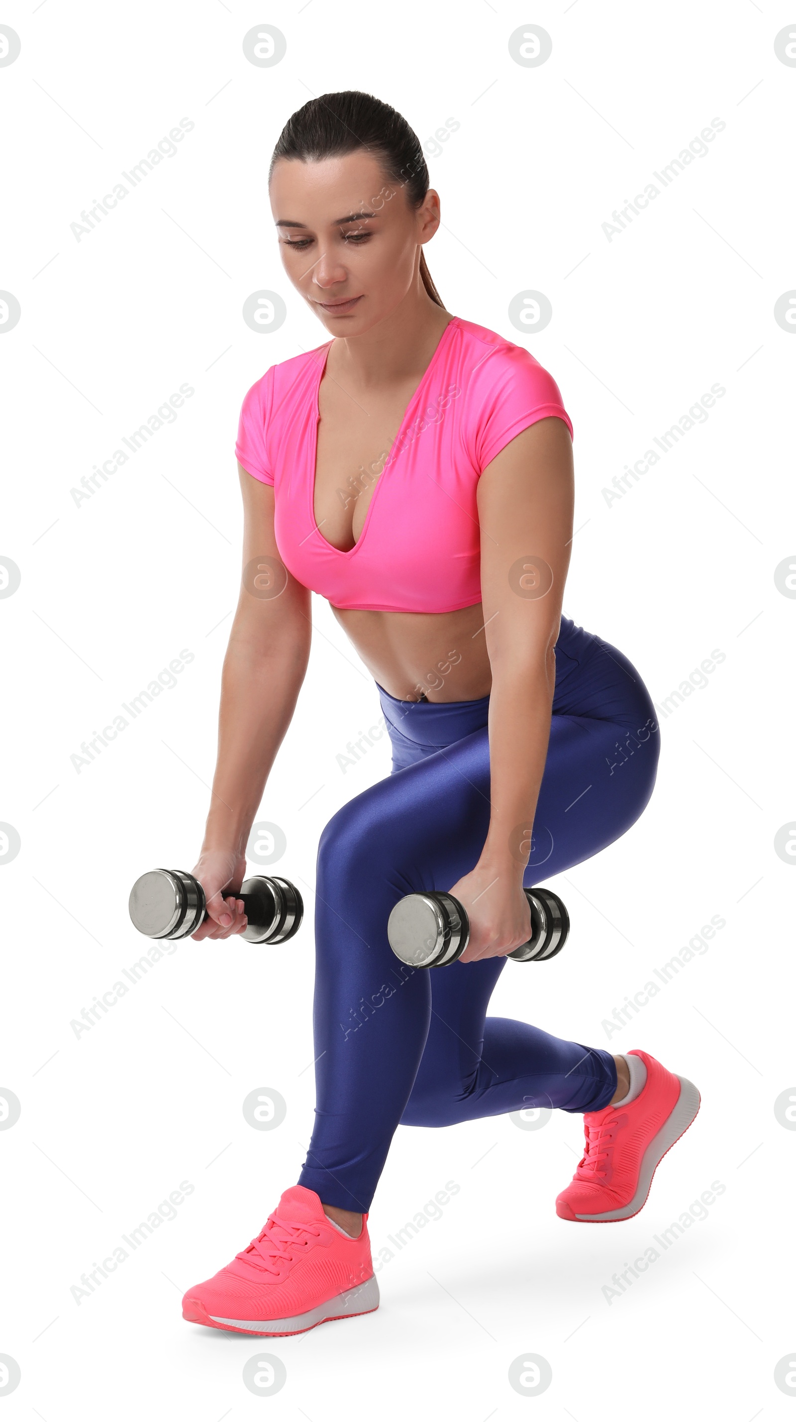 Photo of Woman exercising with dumbbells on white background