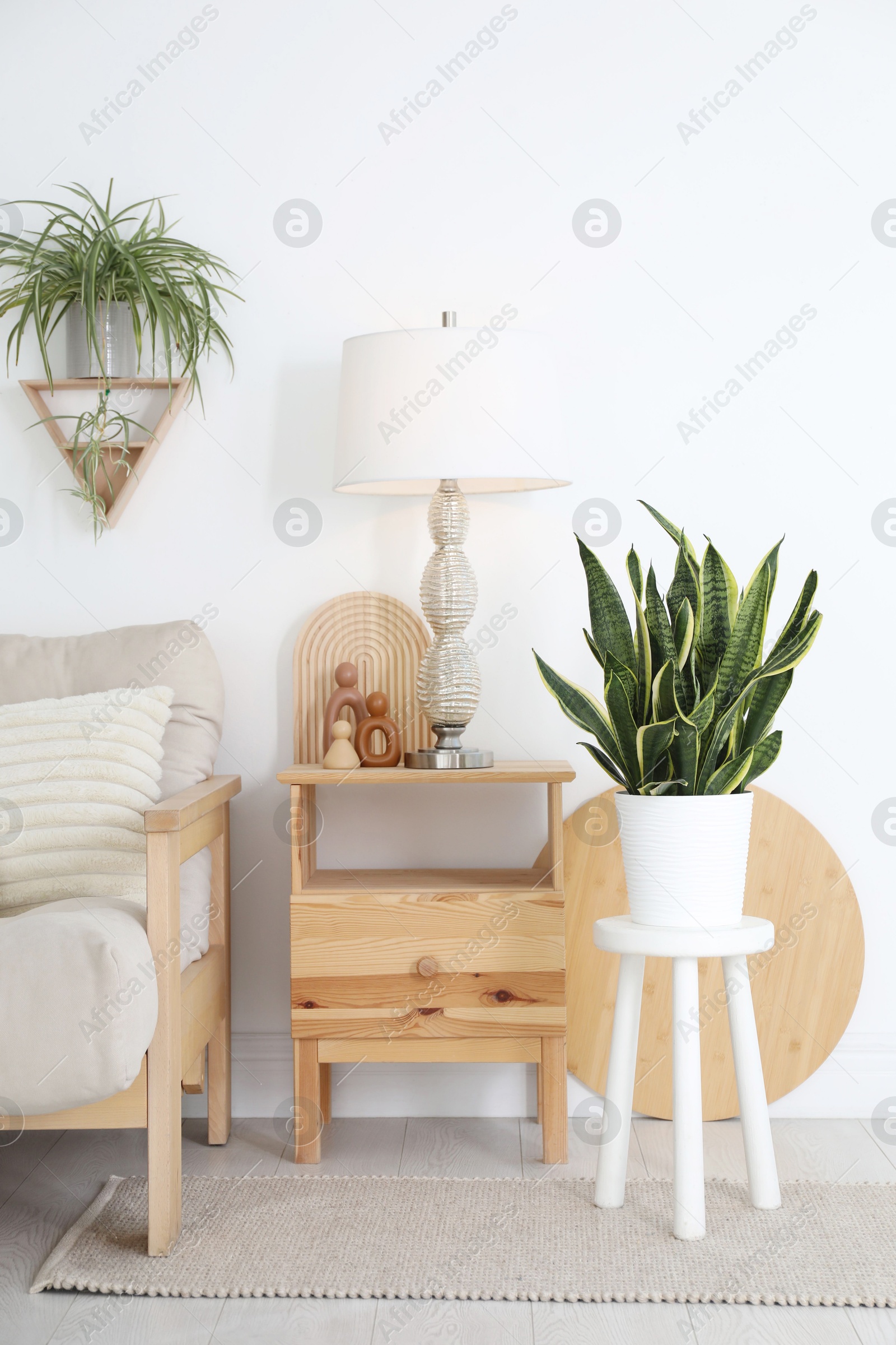 Photo of Stool, sofa, lamp and houseplants in room. Interior design