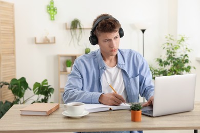 Photo of Student in headphones taking notes while studying with laptop at wooden table indoors