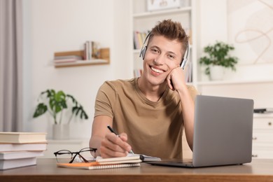 Student in headphones studying at table indoors