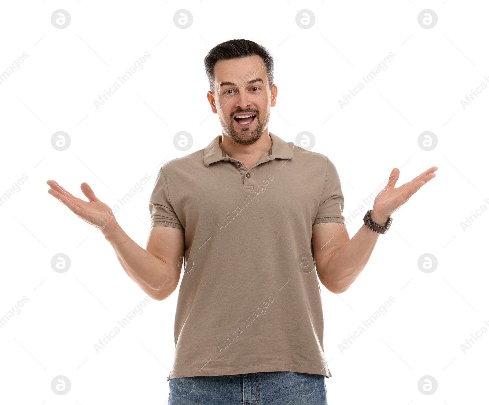 Photo of Portrait of happy winner on white background