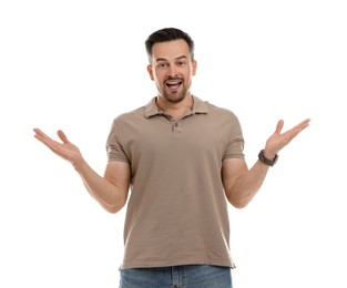 Photo of Portrait of happy winner on white background