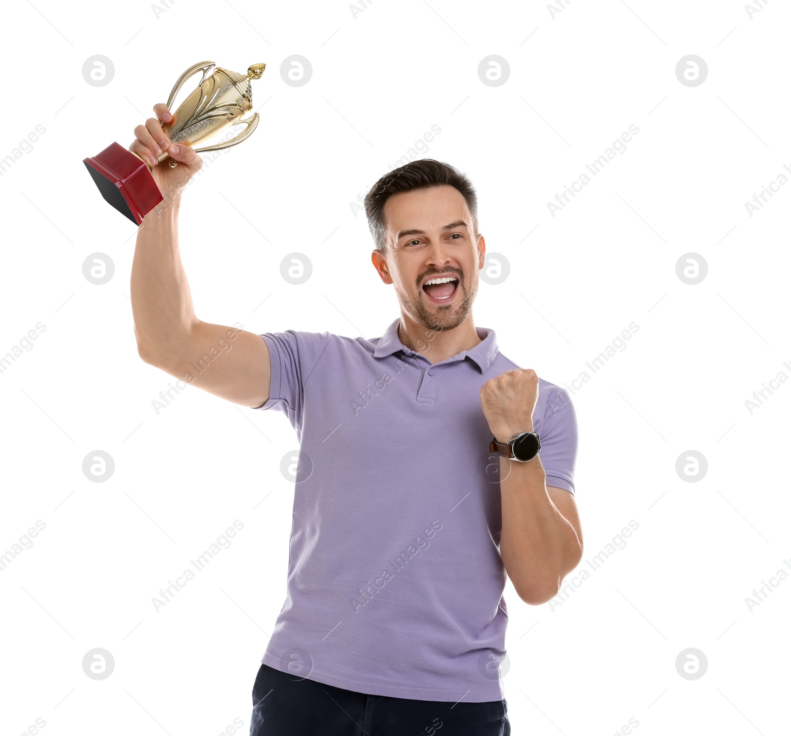 Photo of Happy winner with golden trophy cup on white background