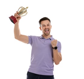 Happy winner with golden trophy cup on white background