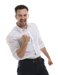 Photo of Portrait of happy winner on white background