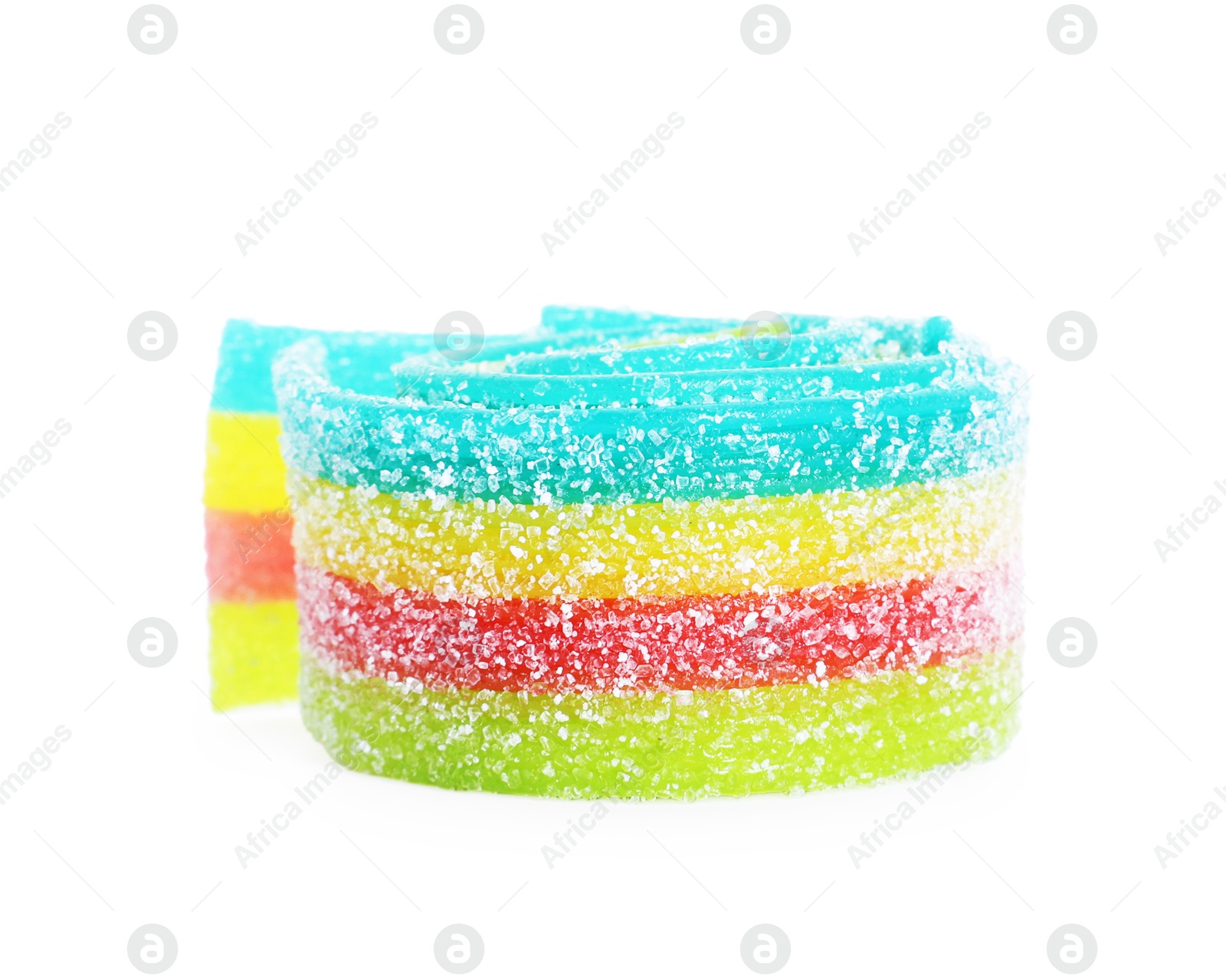 Photo of Tasty rainbow sour belt isolated on white