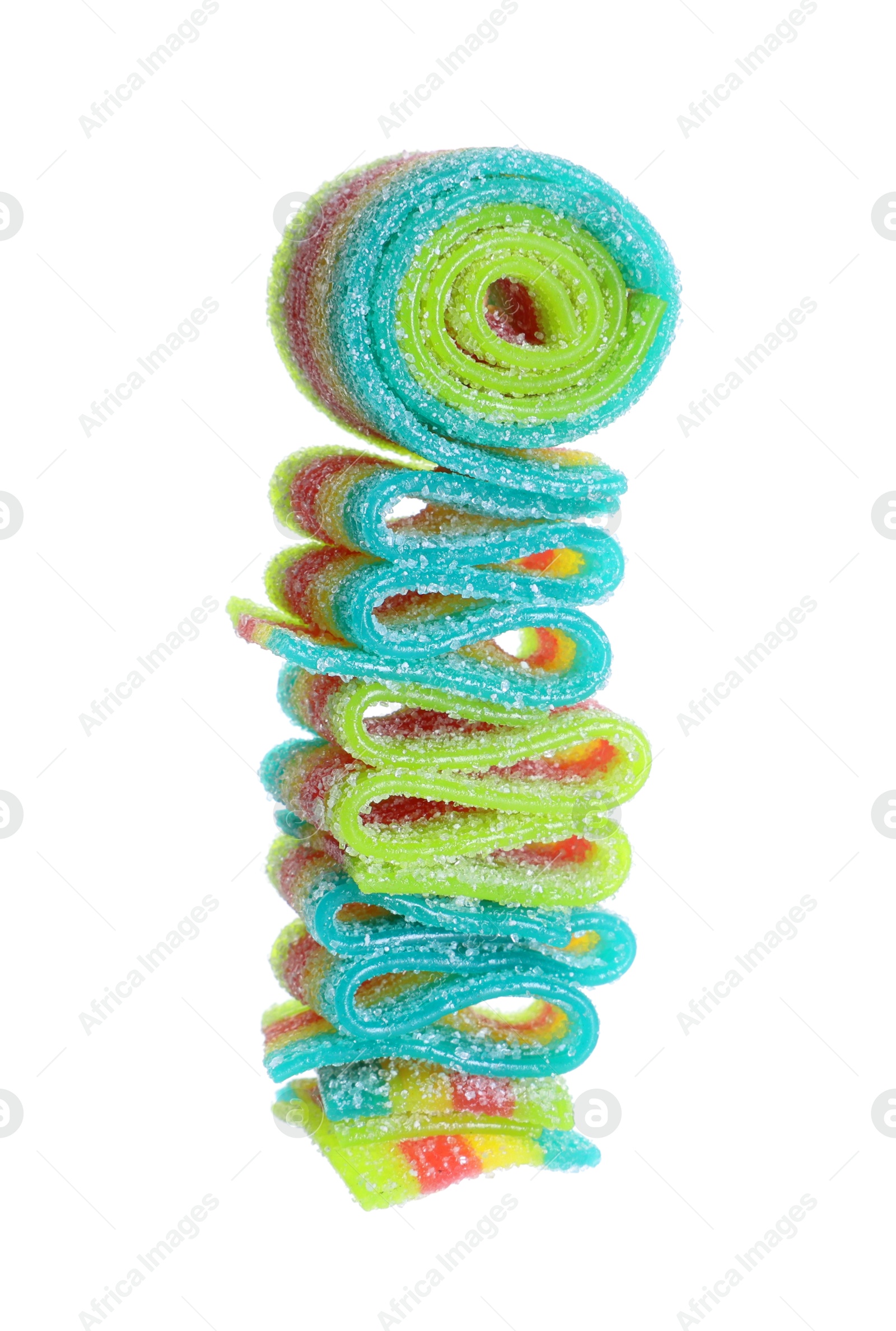 Photo of Tasty rainbow sour belts isolated on white