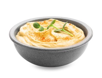 Photo of Delicious hummus with paprika isolated on white