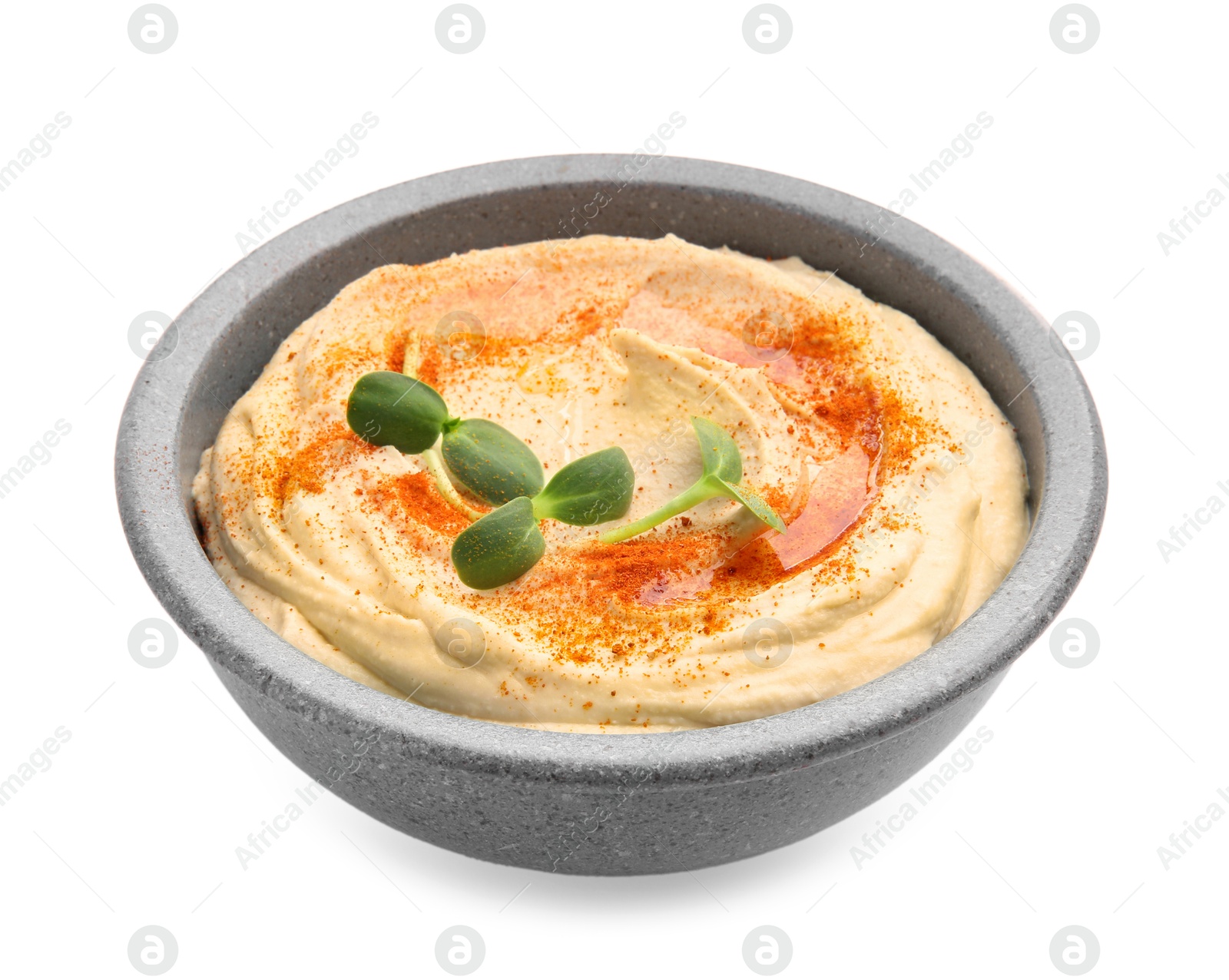 Photo of Delicious hummus with paprika isolated on white