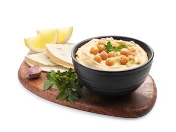 Photo of Delicious hummus with chickpeas and pita isolated on white