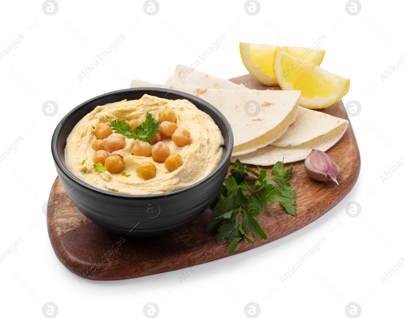 Photo of Delicious hummus with chickpeas and pita isolated on white