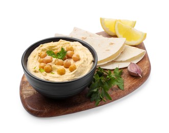 Photo of Delicious hummus with chickpeas and pita isolated on white