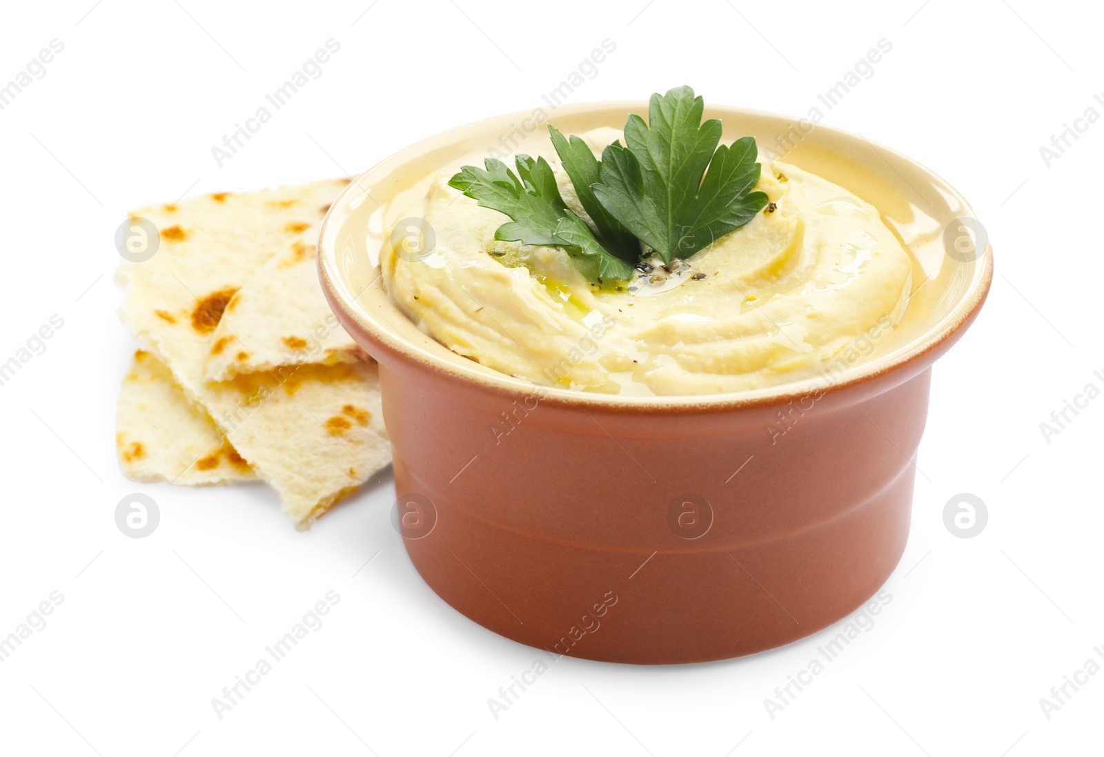 Photo of Delicious hummus with parsley and pita isolated on white