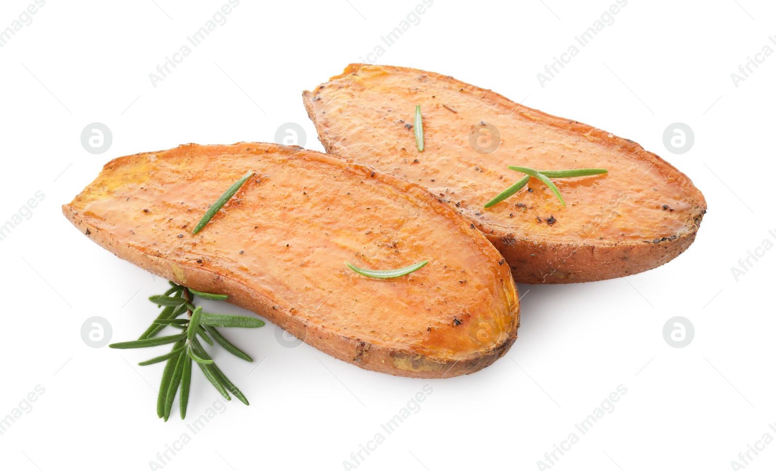 Photo of Halves of tasty cooked sweet potato and rosemary isolated on white