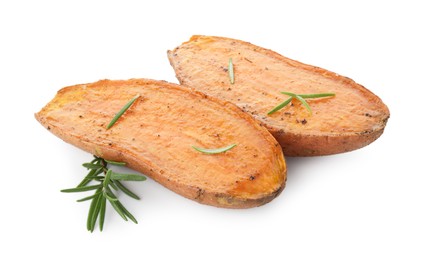 Halves of tasty cooked sweet potato and rosemary isolated on white