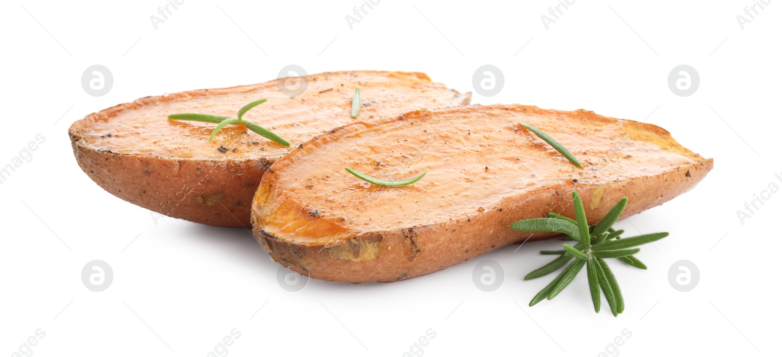 Photo of Halves of tasty cooked sweet potato and rosemary isolated on white