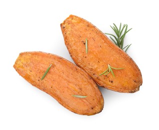 Photo of Halves of tasty cooked sweet potato and rosemary isolated on white, top view