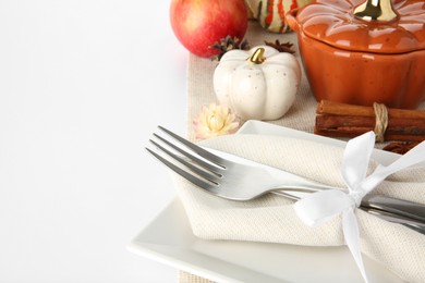 Photo of Beautiful table setting with autumnal decor on white background