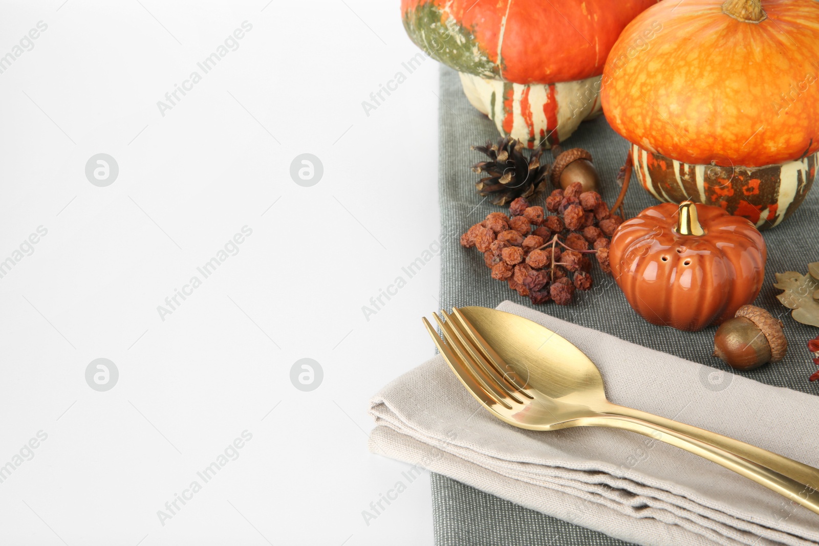 Photo of Beautiful table setting with autumnal decor on white background