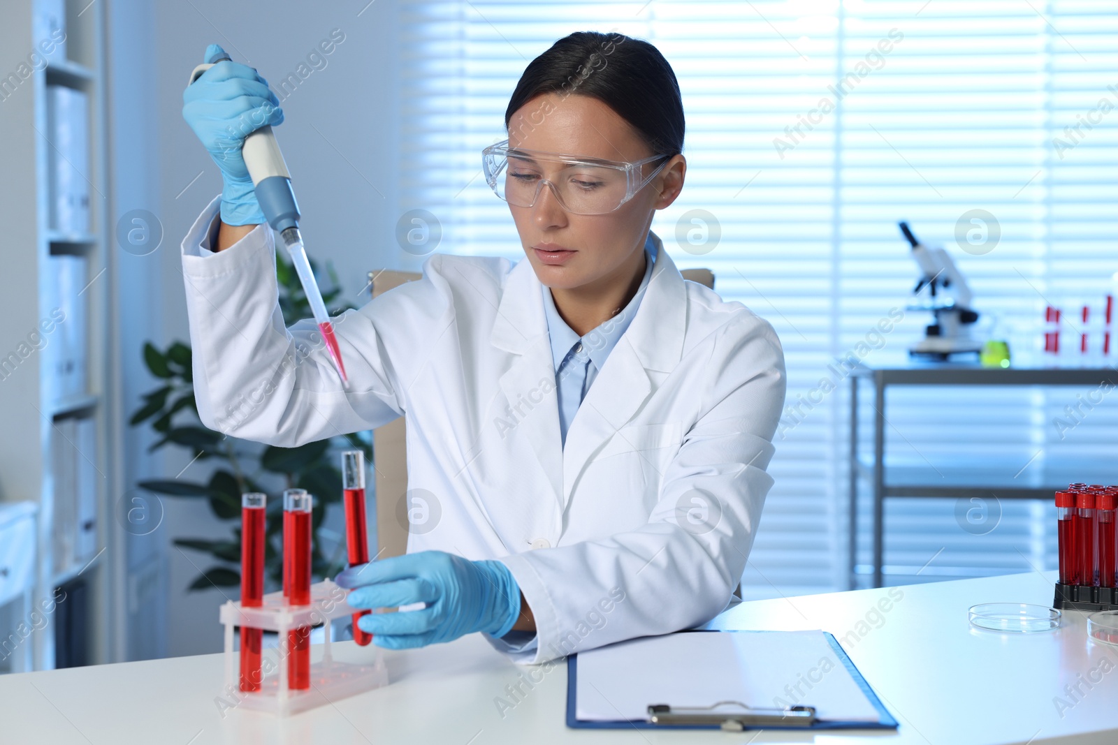 Photo of Laboratory testing. Doctor dripping blood sample into test tube at table indoors