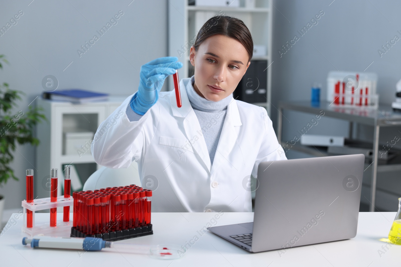 Photo of Laboratory testing. Doctor holding test tube with blood sample at table indoors