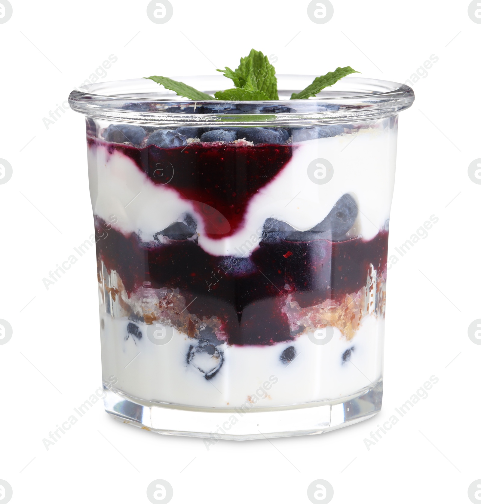 Photo of Tasty trifle dessert. Blueberries, sponge cake and whipped cream in glass isolated on white