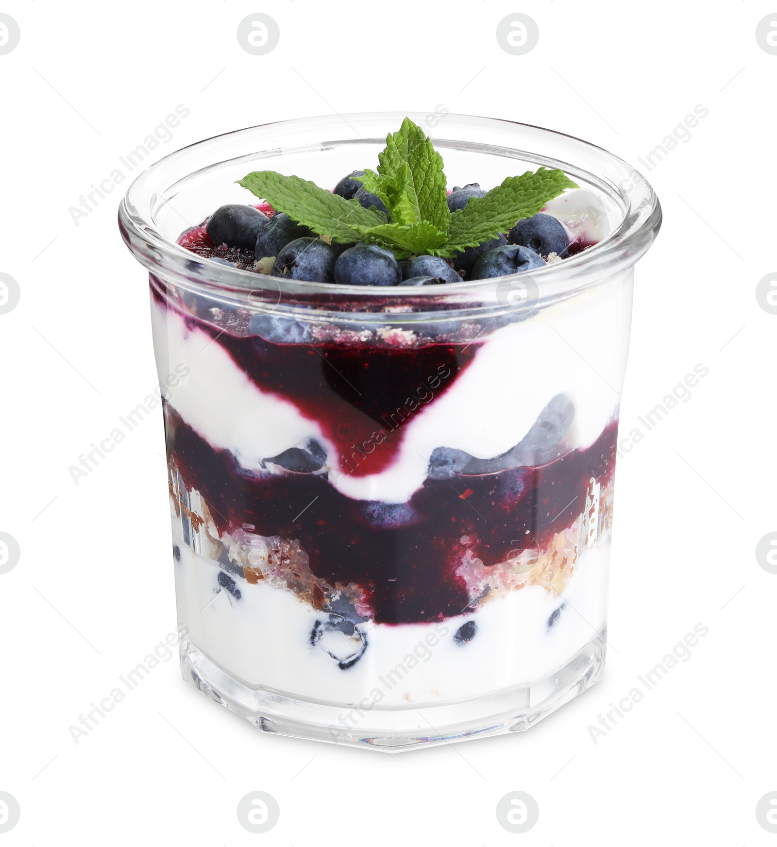 Photo of Tasty trifle dessert. Blueberries, sponge cake and whipped cream in glass isolated on white