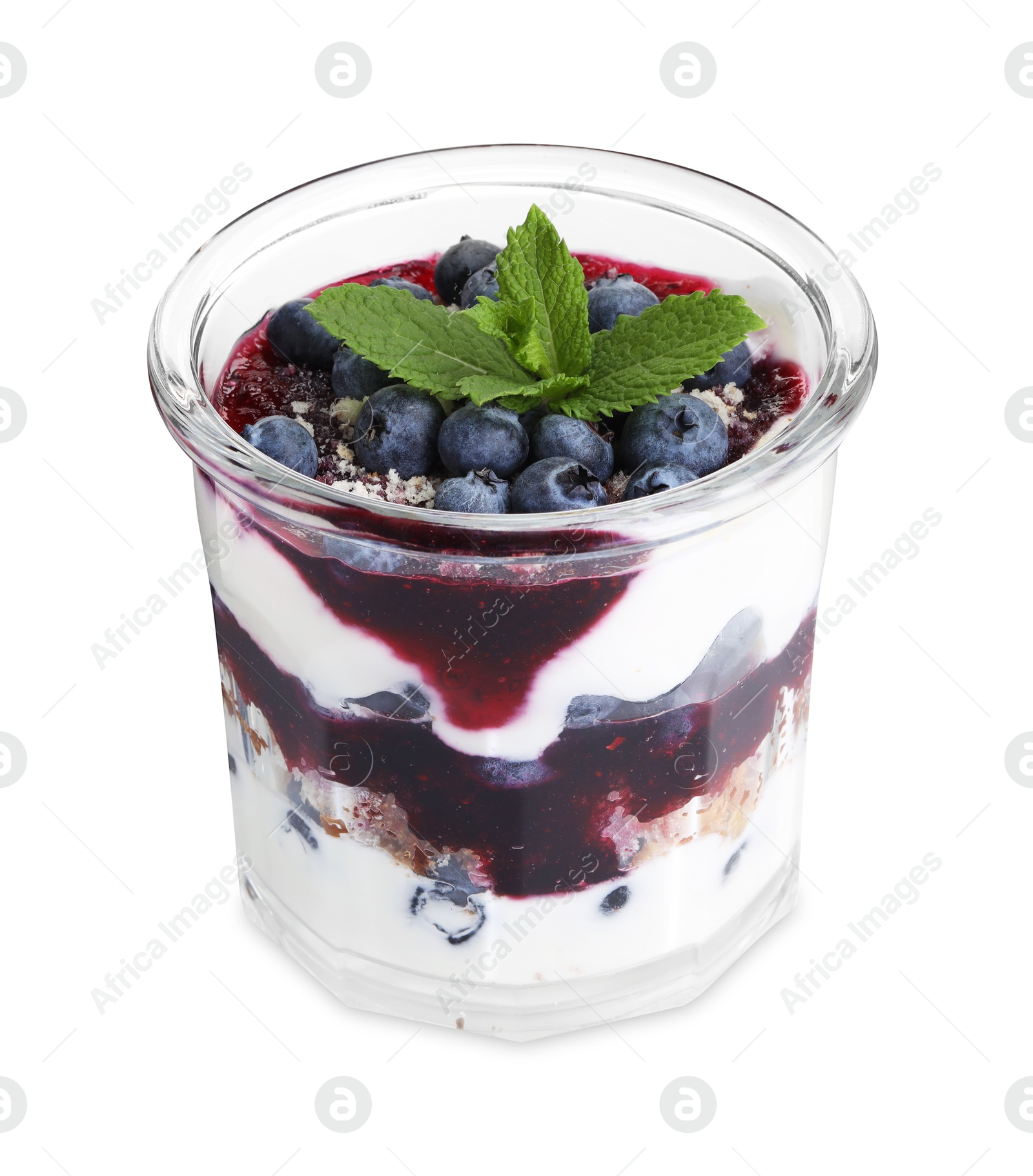 Photo of Tasty trifle dessert. Blueberries, sponge cake and whipped cream in glass isolated on white