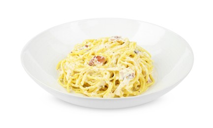 Photo of Delicious pasta Carbonara in bowl isolated on white