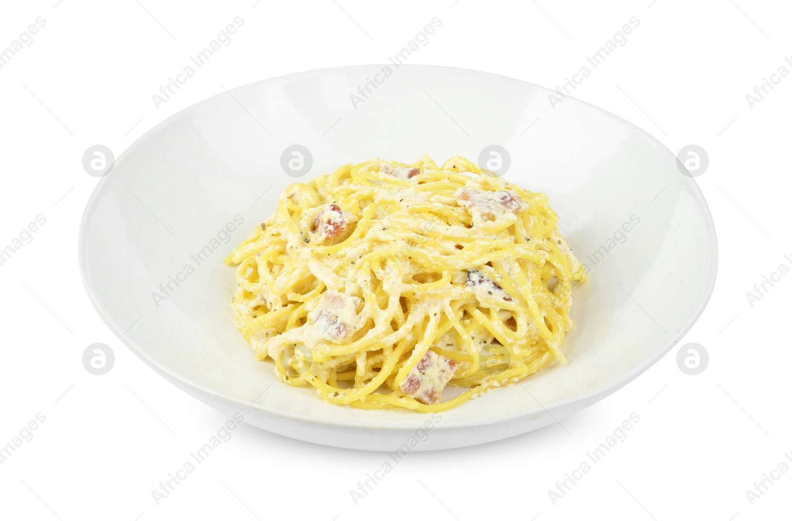 Photo of Delicious pasta Carbonara in bowl isolated on white