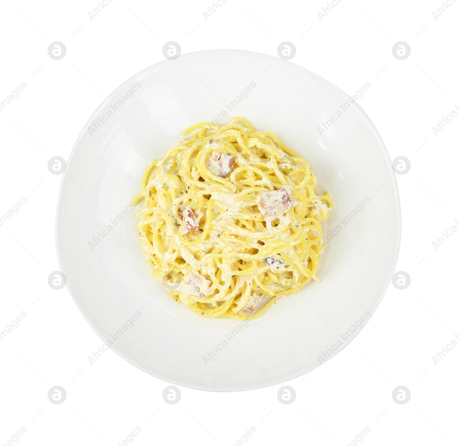 Photo of Delicious pasta Carbonara in bowl isolated on white, top view