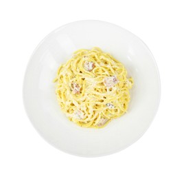 Photo of Delicious pasta Carbonara in bowl isolated on white, top view