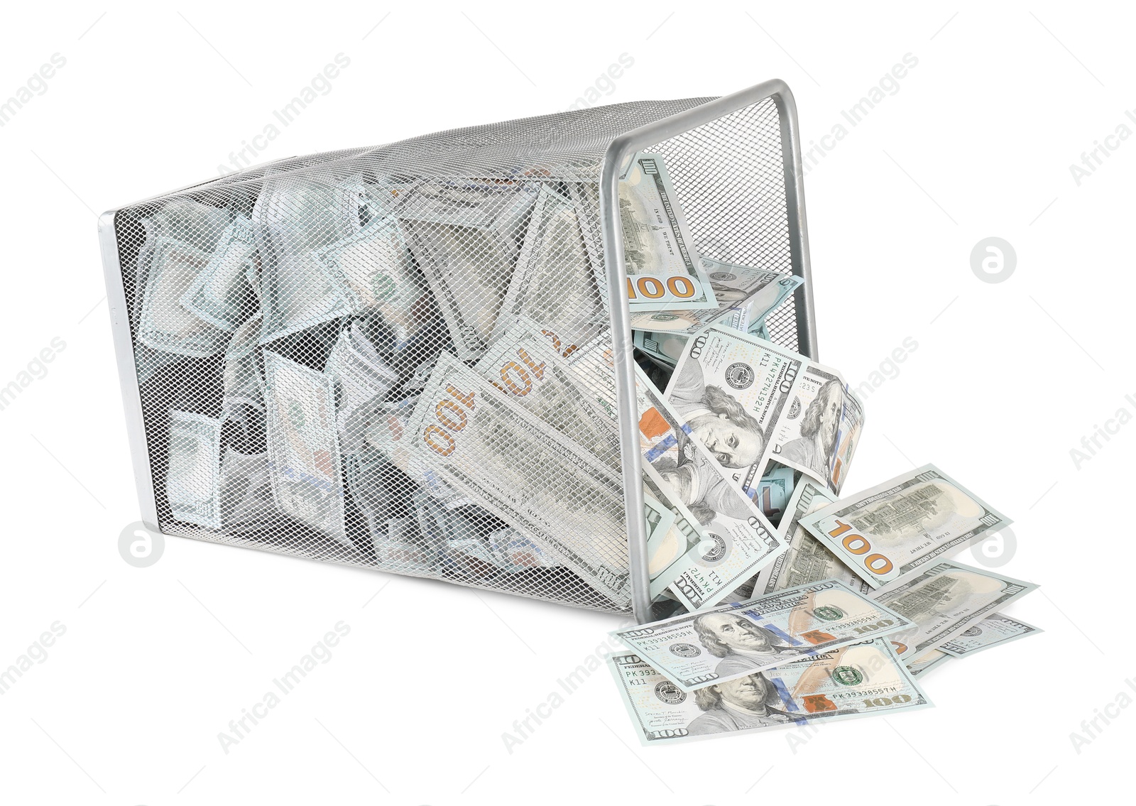 Photo of Many dollar banknotes and overturned trash bin isolated on white